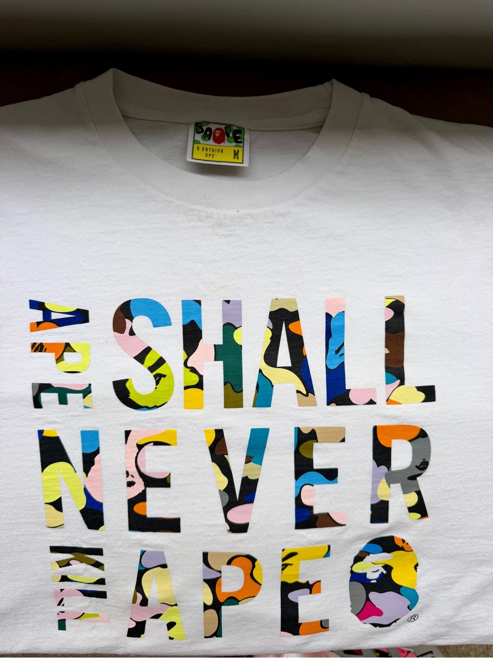 BAPE “Ape Shall Never Kill Ape” Multicolor Camo Tee Mens Med